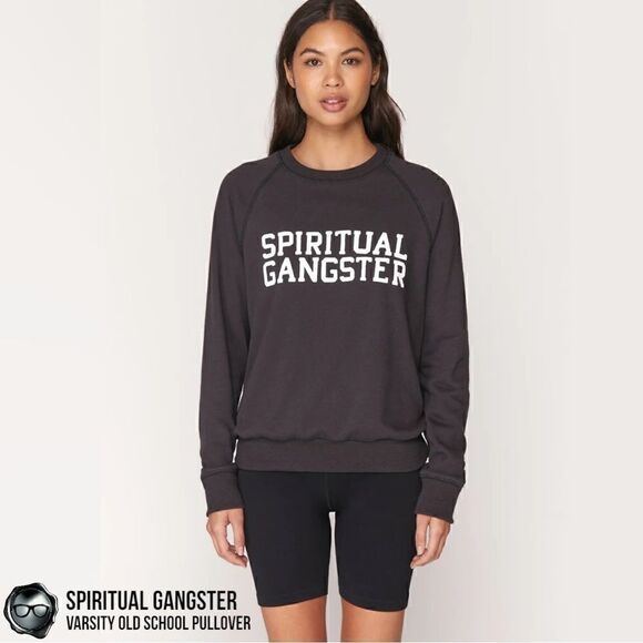 SPIRITUAL GANGSTER VARSITY OLD SCHOOL PULLOVER SWEATSHIRT IN VINTAGE BLACK XS - Picture 4 of 15